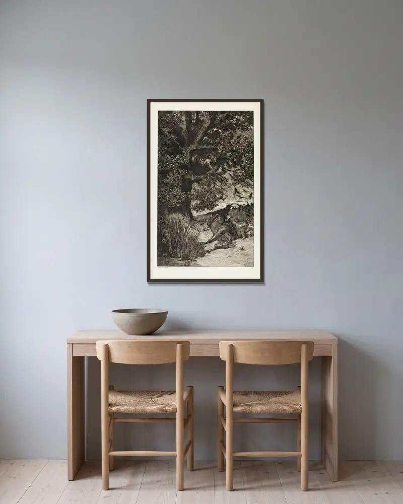 Fallne ryttare (Intermezzi, Opus IV, blad 11) av Max Klinger inramad på en vägg