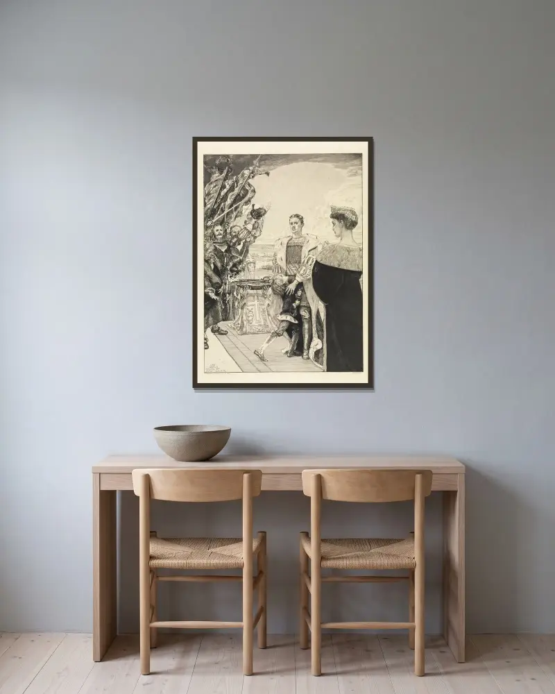 Herrscher (Vom Tode, Zweiter Theil, Opus XI, Blatt 2) von Max Klinger gerahmt an einer Wand