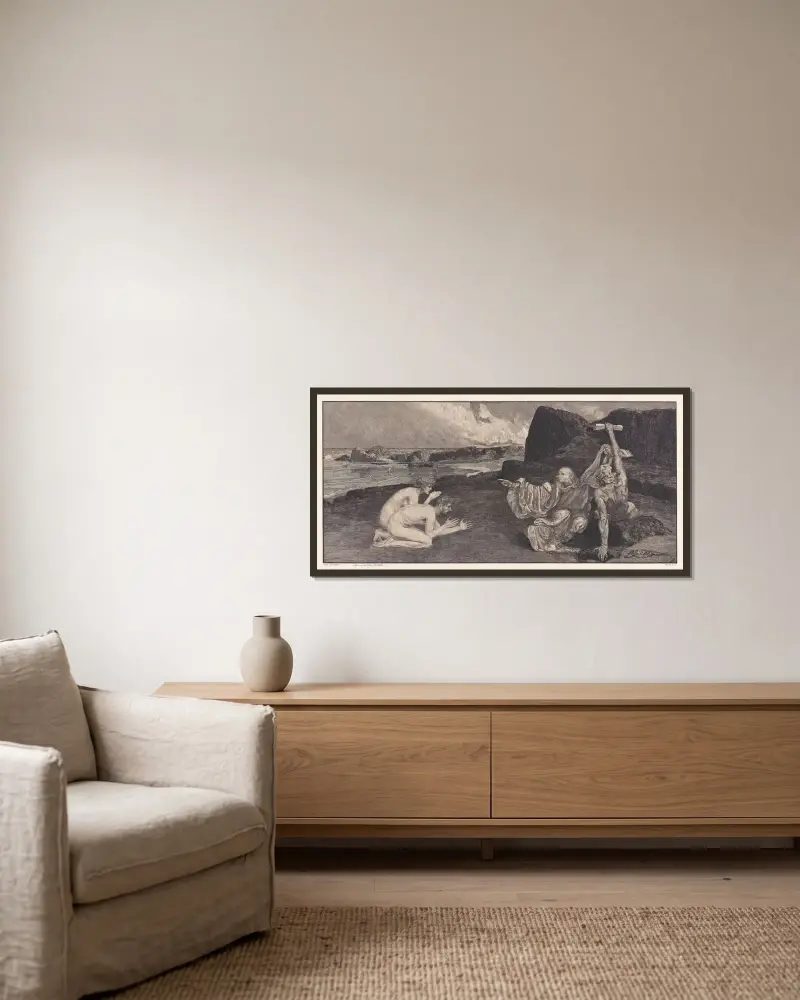 Intermezzo (Adam und Eva & Tod und Teufel) von Max Klinger gerahmt an einer Wand
