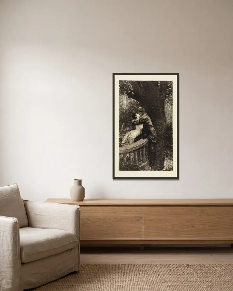 Kuss (Im Park) (Eine Liebe, Opus X, Blatt 4) von Max Klinger gerahmt an einer Wand