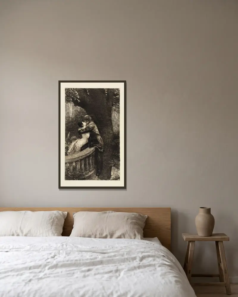 Kuss (Im Park) (Eine Liebe, Opus X, Blatt 4) von Max Klinger gerahmt an einer Wand