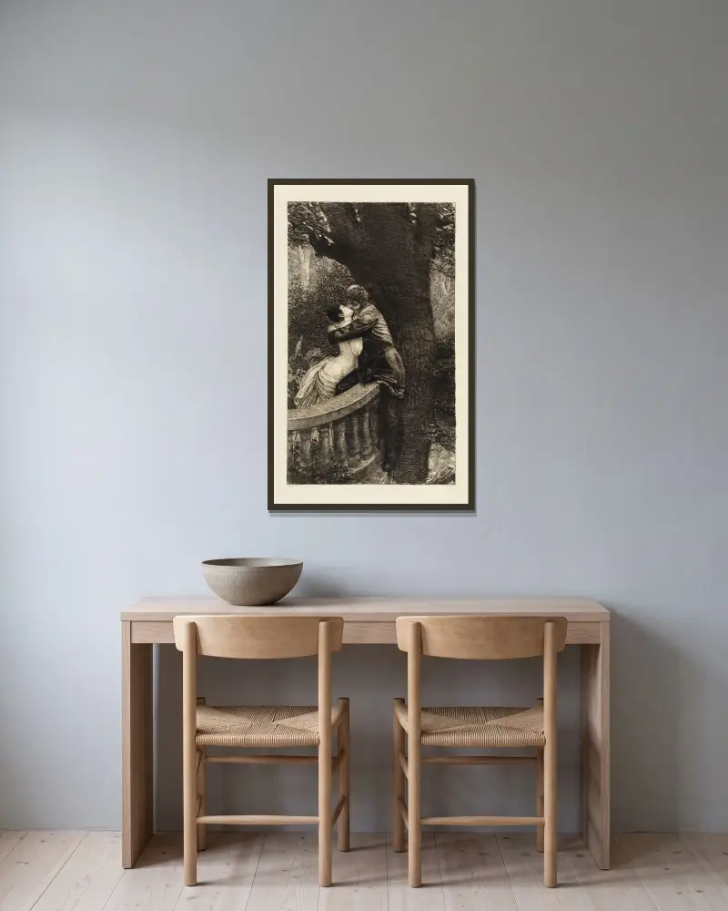 Kuss (Im Park) (Eine Liebe, Opus X, Blatt 4) von Max Klinger gerahmt an einer Wand