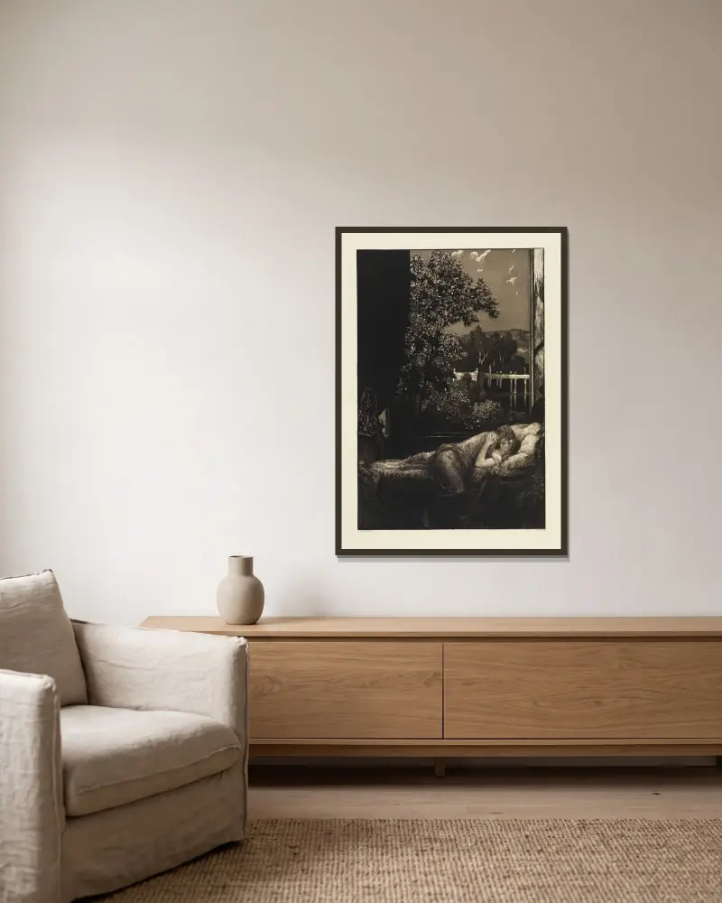 Nacht (Glück) (Eine Liebe, Opus X, Blatt 5) von Max Klinger gerahmt an einer Wand