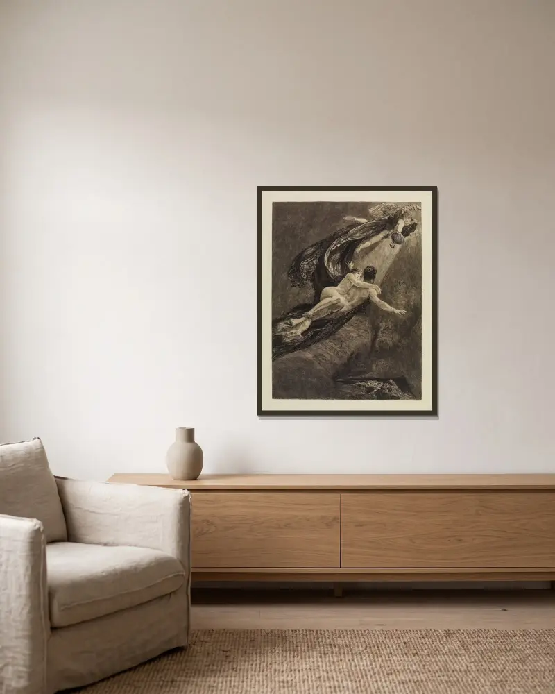 Neue Träume (Neue Träume von Glück) (Eine Liebe, Opus X, Blatt 7) von Max Klinger gerahmt an einer Wand