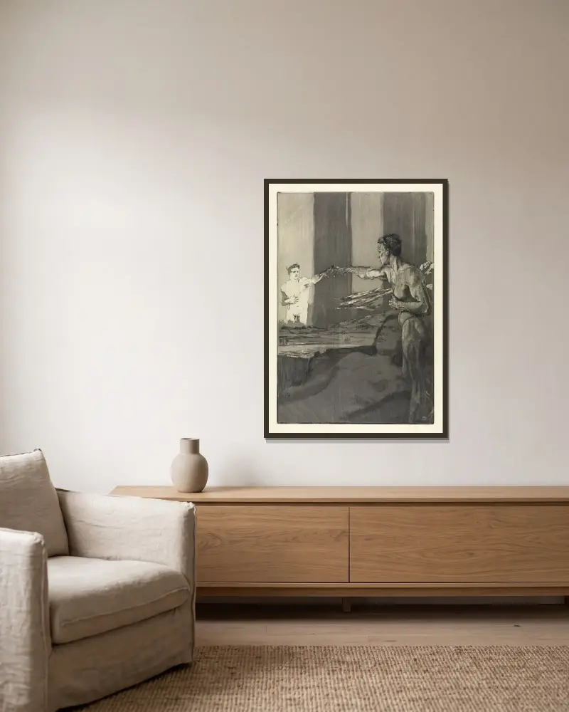 Philosoph (Vom Tode, Zweiter Theil, Opus XI, Blatt 4) von Max Klinger gerahmt an einer Wand
