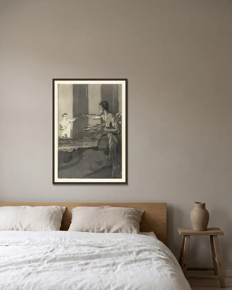 Philosoph (Vom Tode, Zweiter Theil, Opus XI, Blatt 4) von Max Klinger gerahmt an einer Wand