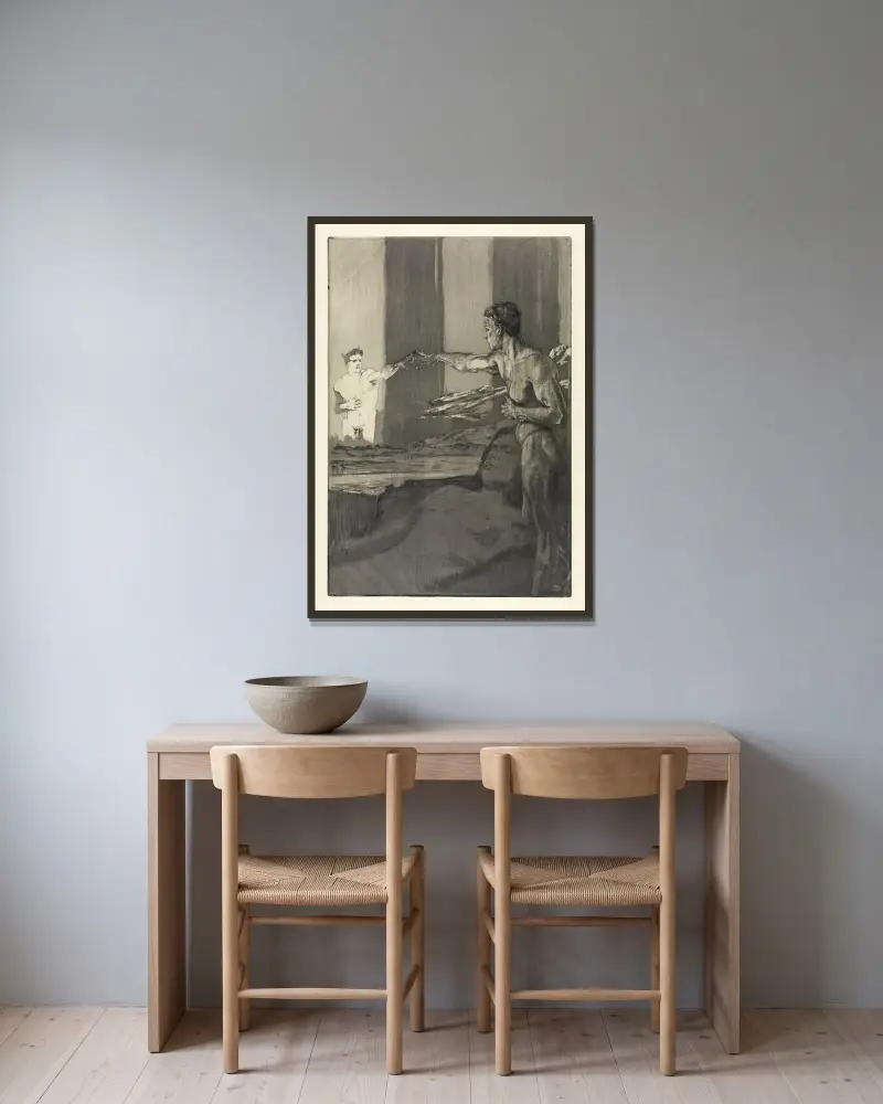 Philosoph (Vom Tode, Zweiter Theil, Opus XI, Blatt 4) von Max Klinger gerahmt an einer Wand