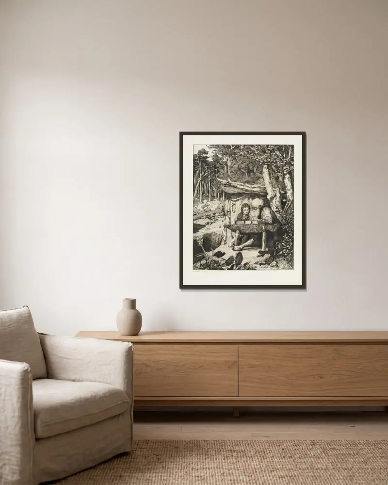 Enkel skrivlektion (Intermezzi, Opus IV, blad 7) av Max Klinger inramad på en vägg