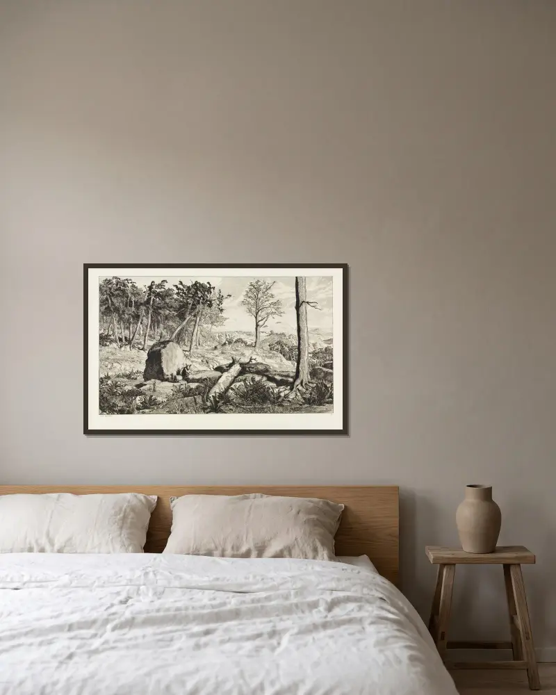 Simplicius in der Wald-Einöde (Intermezzi, Opus IV, Blatt 10) von Max Klinger gerahmt an einer Wand