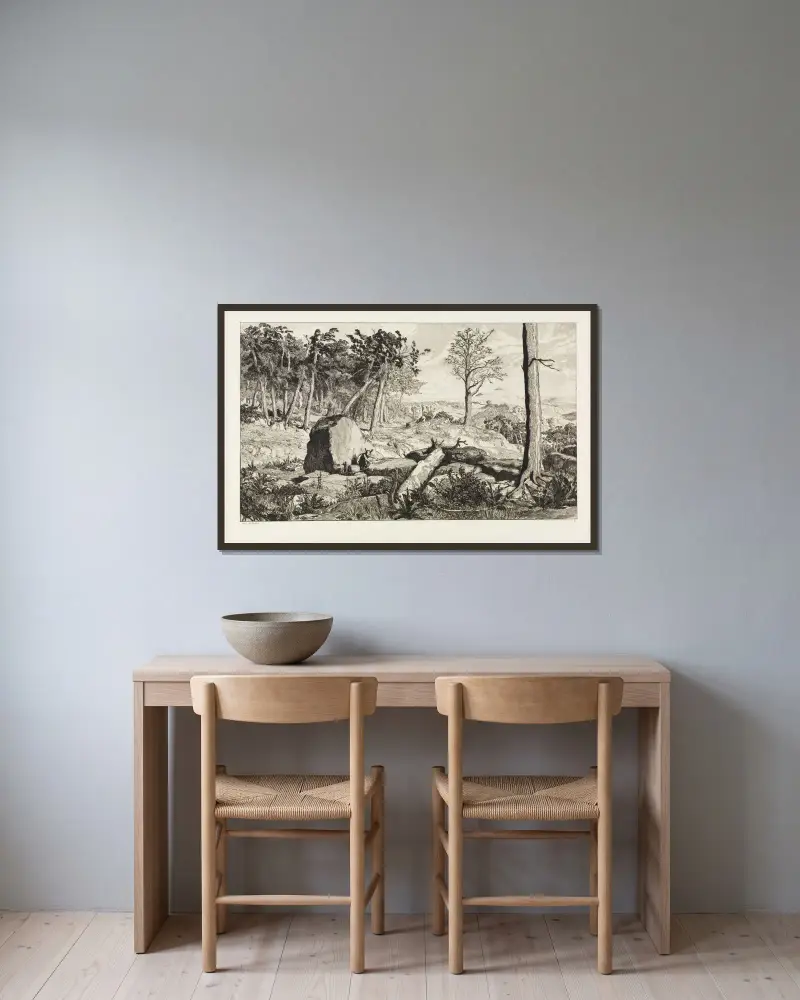 Simplicius in der Wald-Einöde (Intermezzi, Opus IV, Blatt 10) von Max Klinger gerahmt an einer Wand