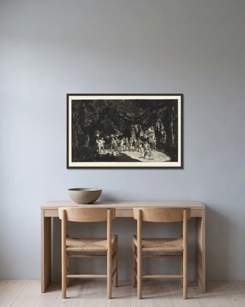 Simplicius bland soldaterna (Intermezzi, Opus IV, blad 9) av Max Klinger inramad på en vägg