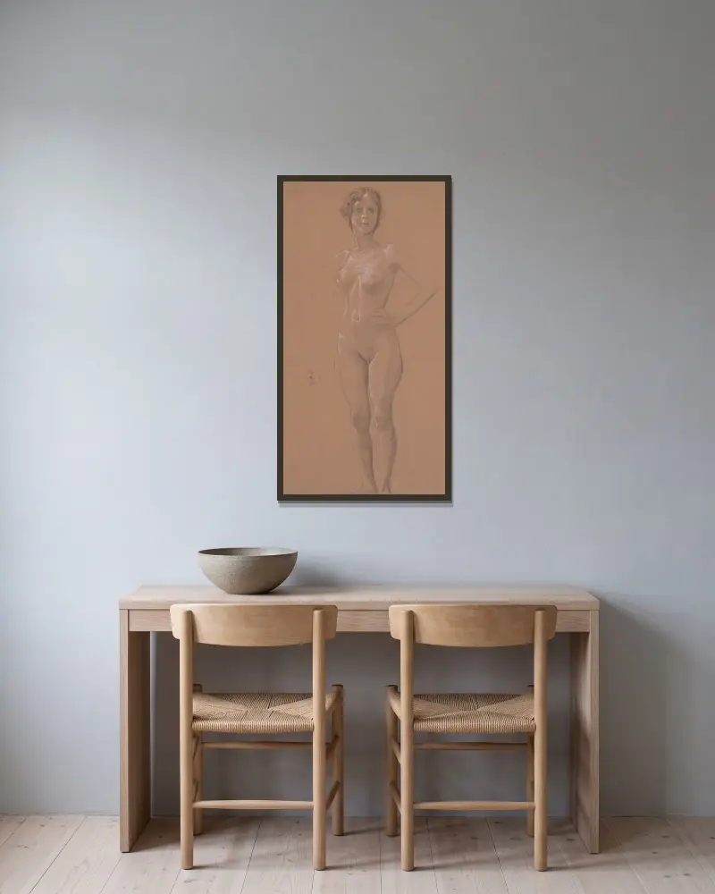 Stehende Aktstudie, 1914 von Max Klinger gerahmt an einer Wand