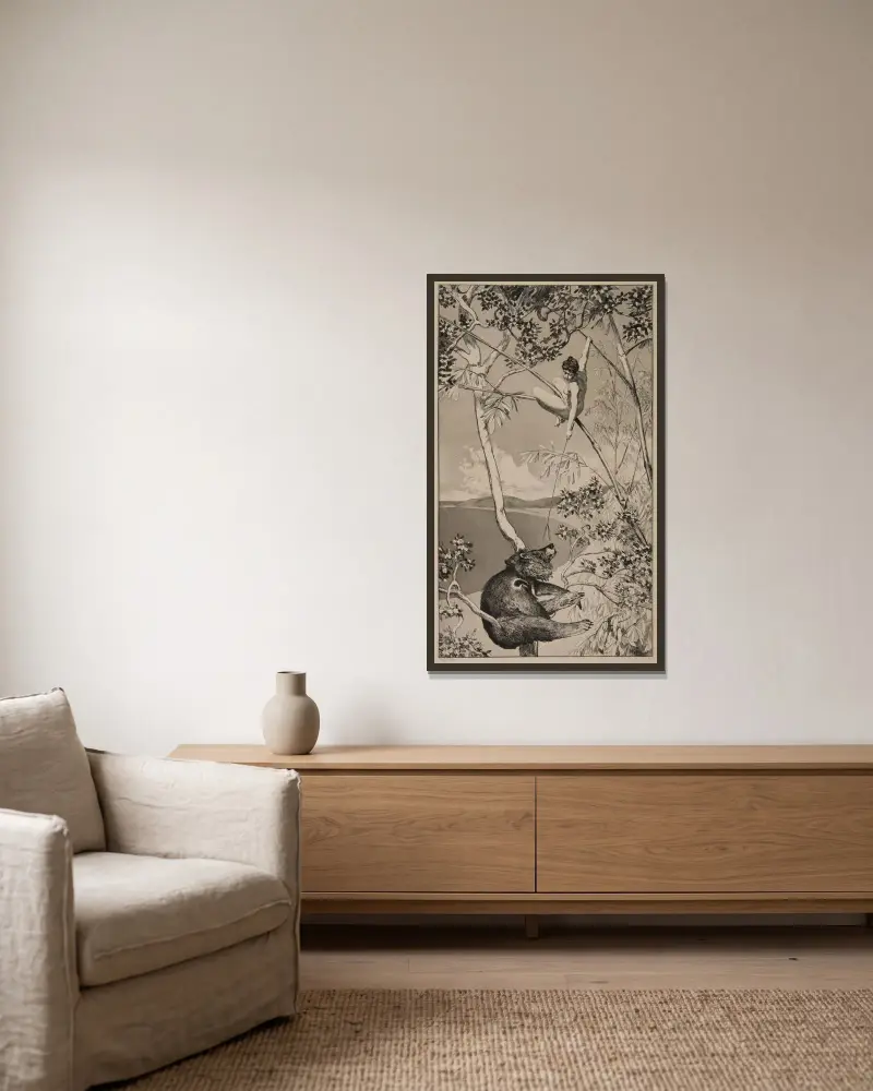Der Bär und die Elfe von Max Klinger gerahmt an einer Wand