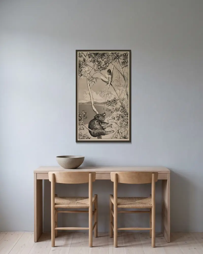 Der Bär und die Elfe von Max Klinger gerahmt an einer Wand