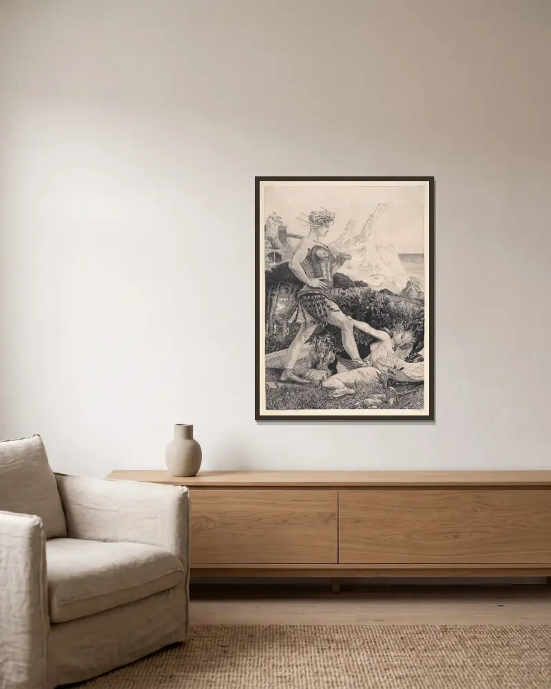 Zeit und Ruhm, 1898 von Max Klinger gerahmt an einer Wand