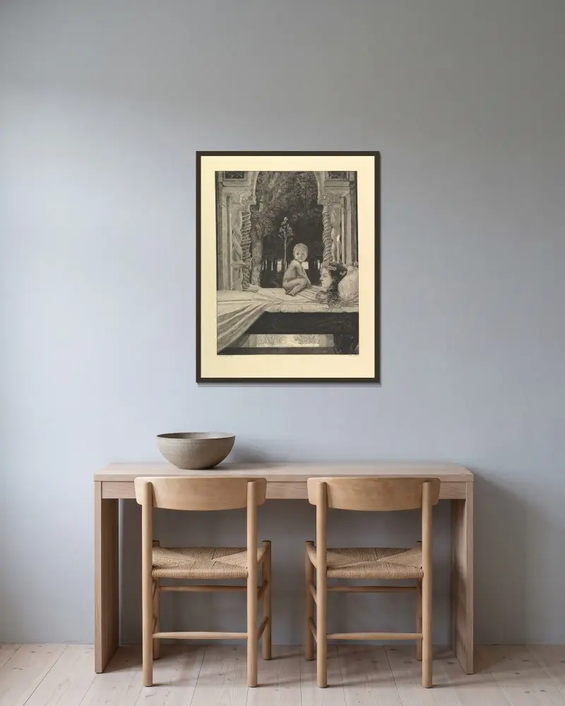 Tote Mutter, 1903 von Max Klinger gerahmt an einer Wand