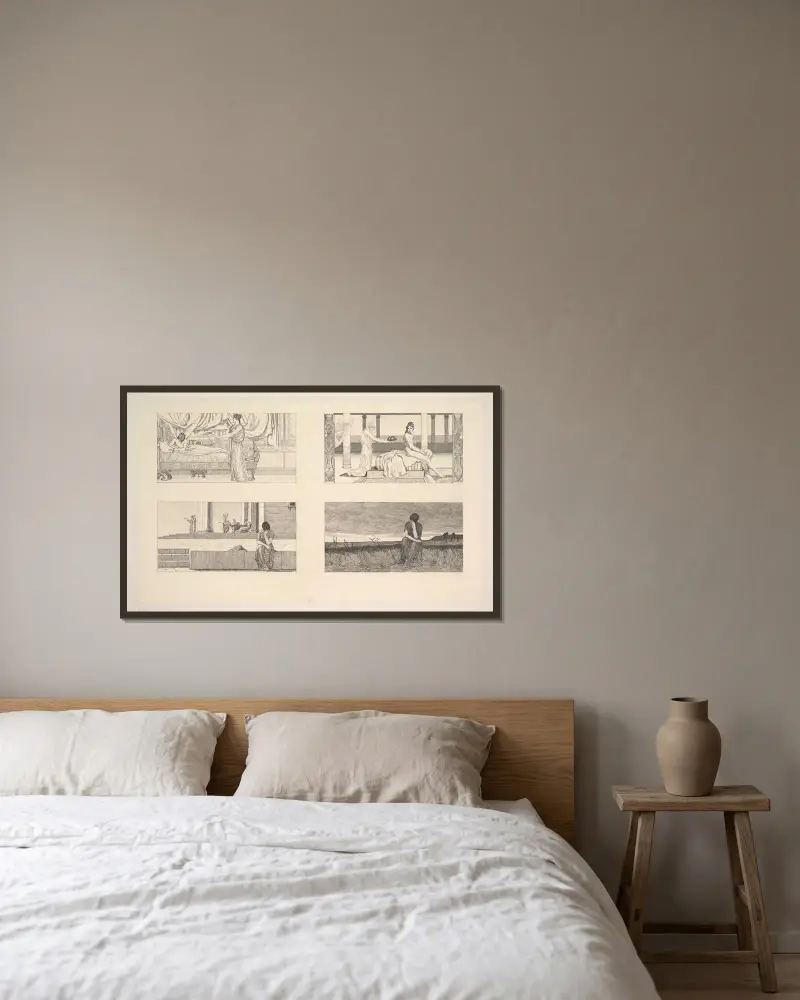 Venus Im Gemache Amors; Psyche Badend; Psyche Im Hause Der Venus; Psyche Ausruhend av Max Klinger inramad på en vägg