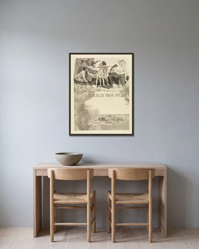 Tillägnan (En kärlek, opus X, blad 1) av Max Klinger inramad på en vägg