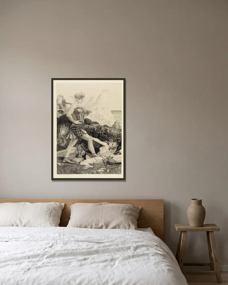Tid och rykte (Om döden, andra delen, Opus XI, blad 11) av Max Klinger inramad på en vägg