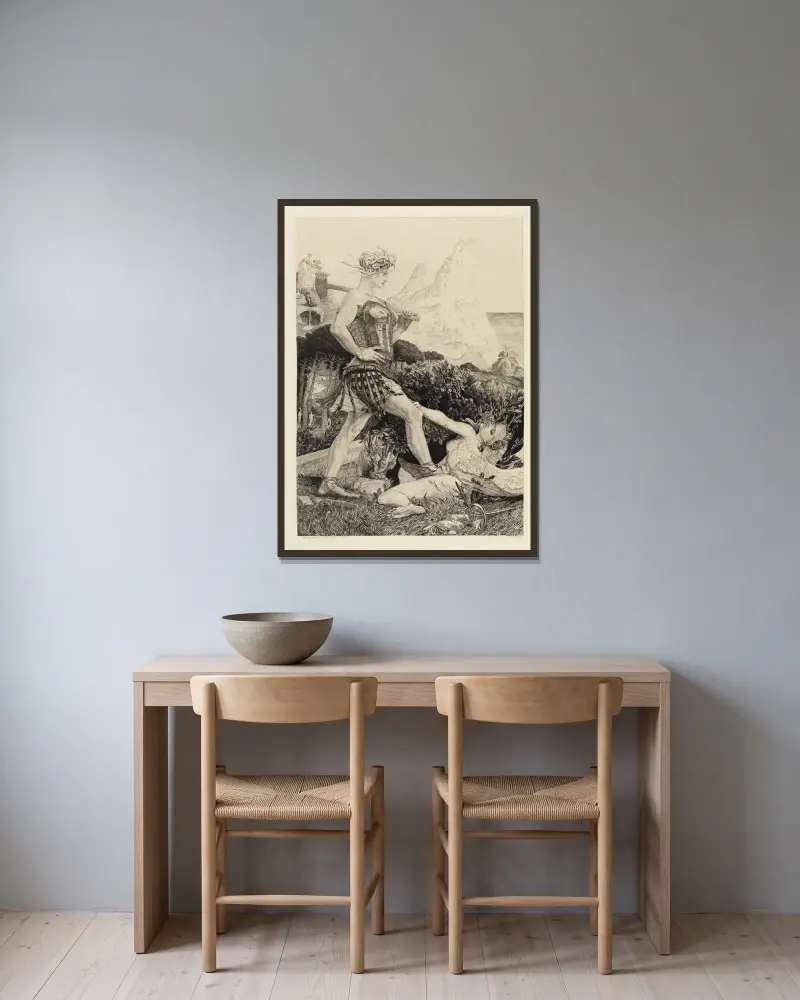 Tid och rykte (Om döden, andra delen, Opus XI, blad 11) av Max Klinger inramad på en vägg