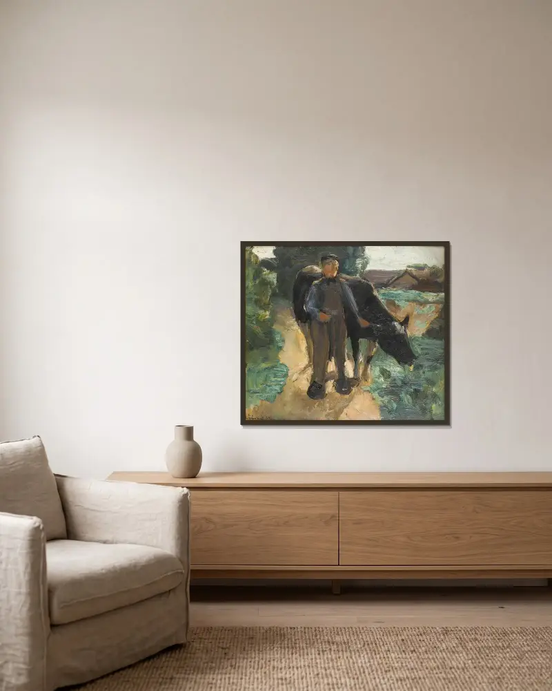 En bonde med sin ko av Max Liebermann inramad på en vägg