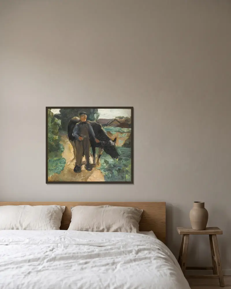 En bonde med sin ko av Max Liebermann inramad på en vägg
