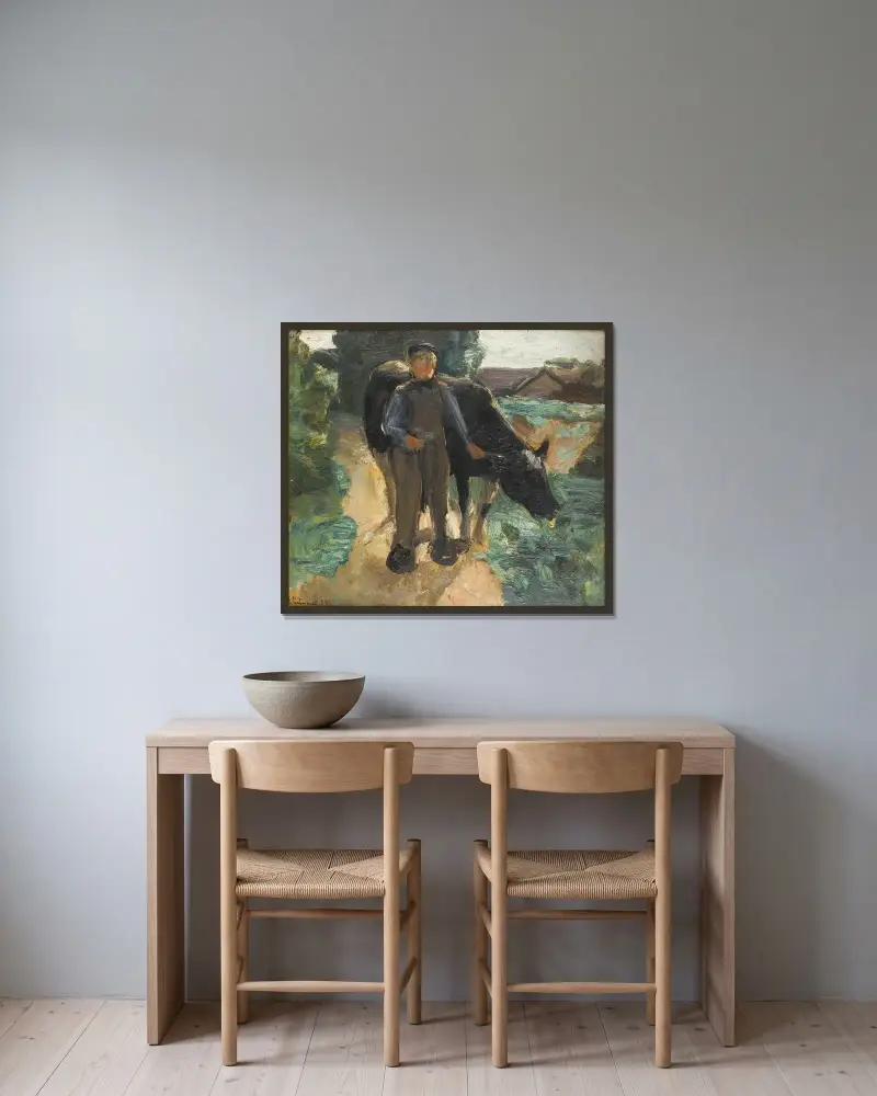 En bonde med sin ko av Max Liebermann inramad på en vägg