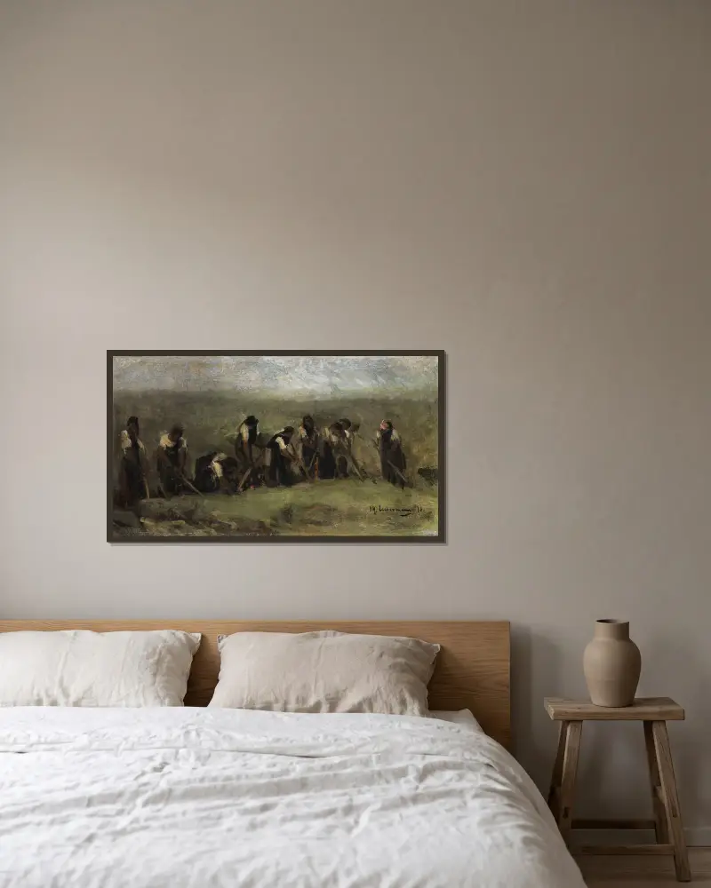 Arbetare på betfältet (oljestudie) av Max Liebermann inramad på en vägg
