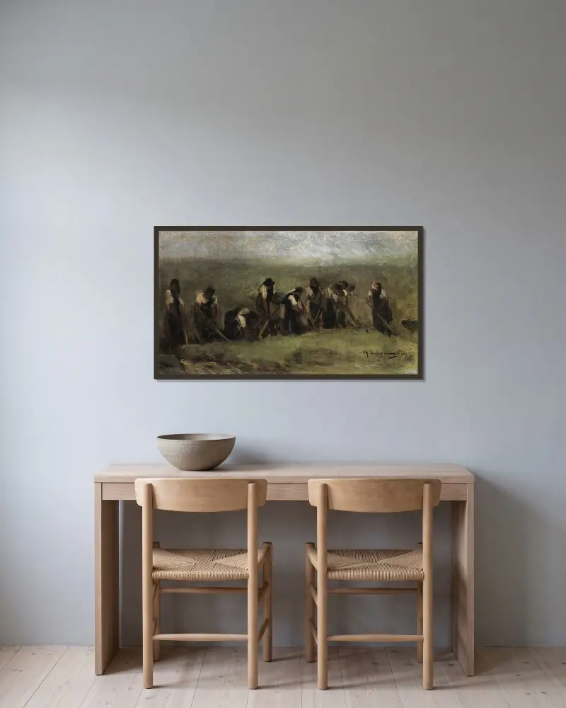 Arbetare på betfältet (oljestudie) av Max Liebermann inramad på en vägg
