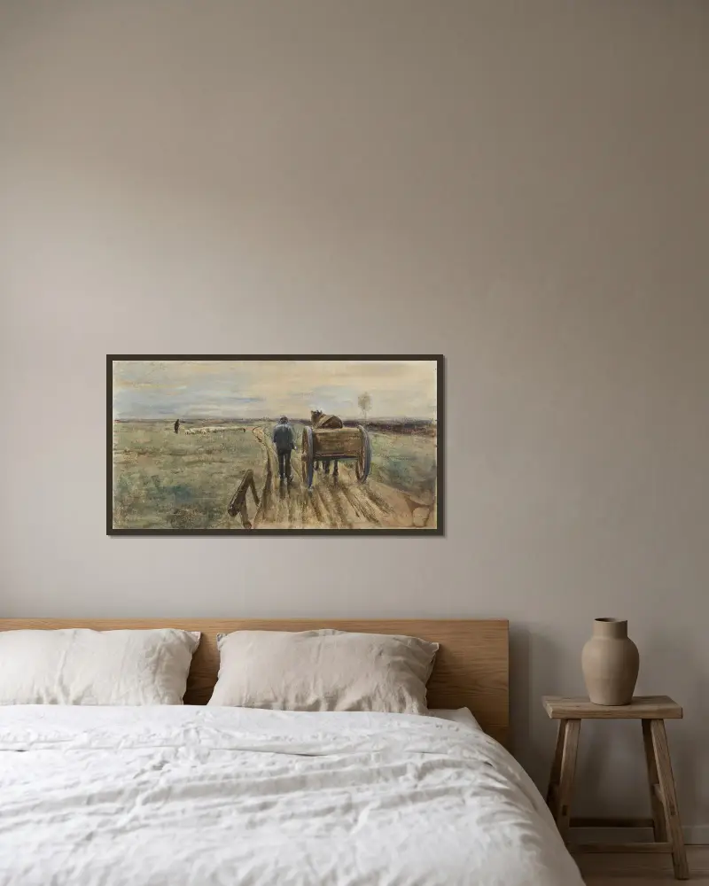 Bonde med häst och vagn av Max Liebermann inramad på en vägg