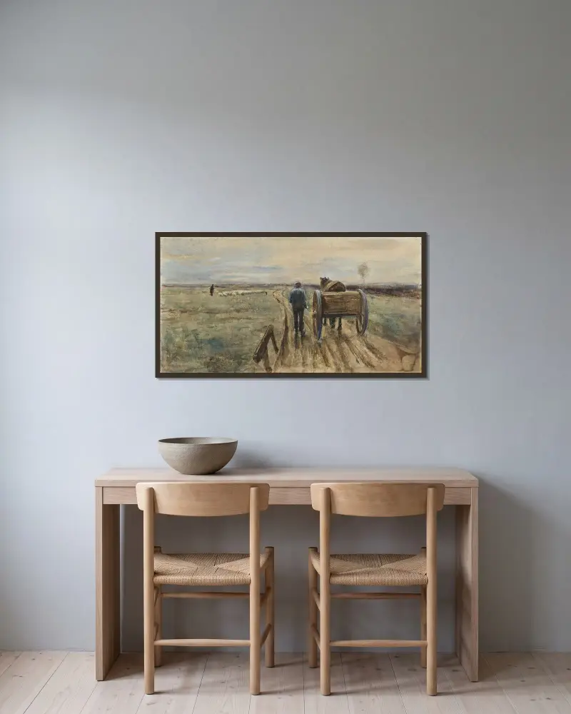 Bonde med häst och vagn av Max Liebermann inramad på en vägg