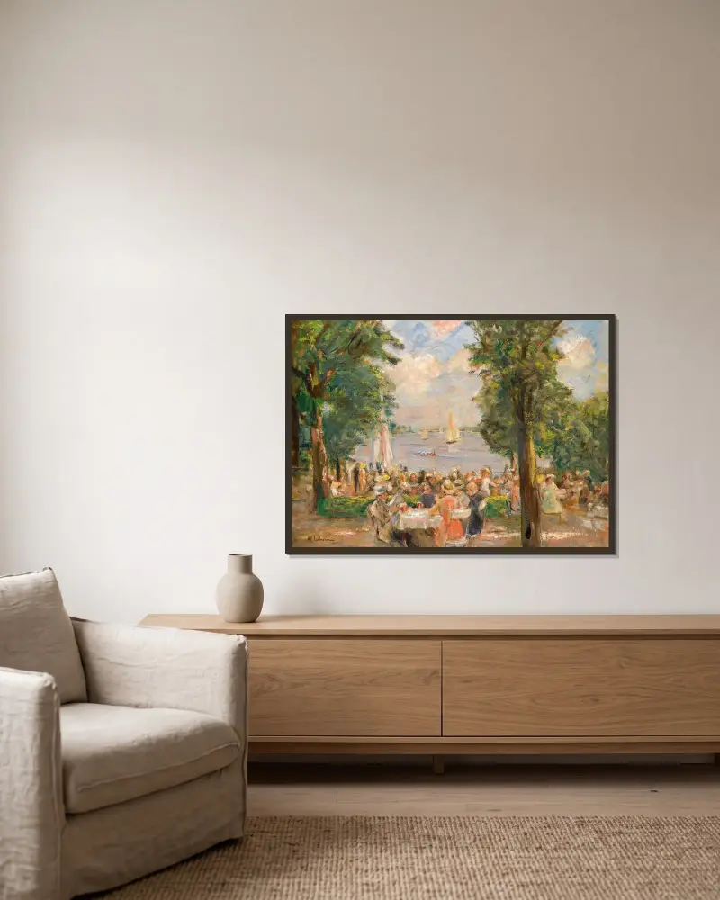 Ölträdgård nära Wannsee (Hus vid sjön) av Max Liebermann inramad på en vägg