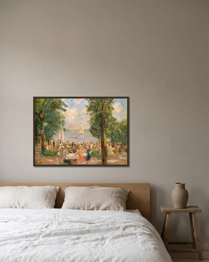 Ölträdgård nära Wannsee (Hus vid sjön) av Max Liebermann inramad på en vägg