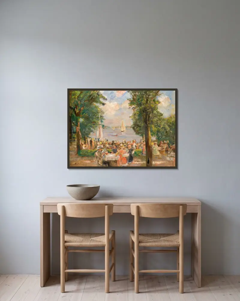 Ölträdgård nära Wannsee (Hus vid sjön) av Max Liebermann inramad på en vägg