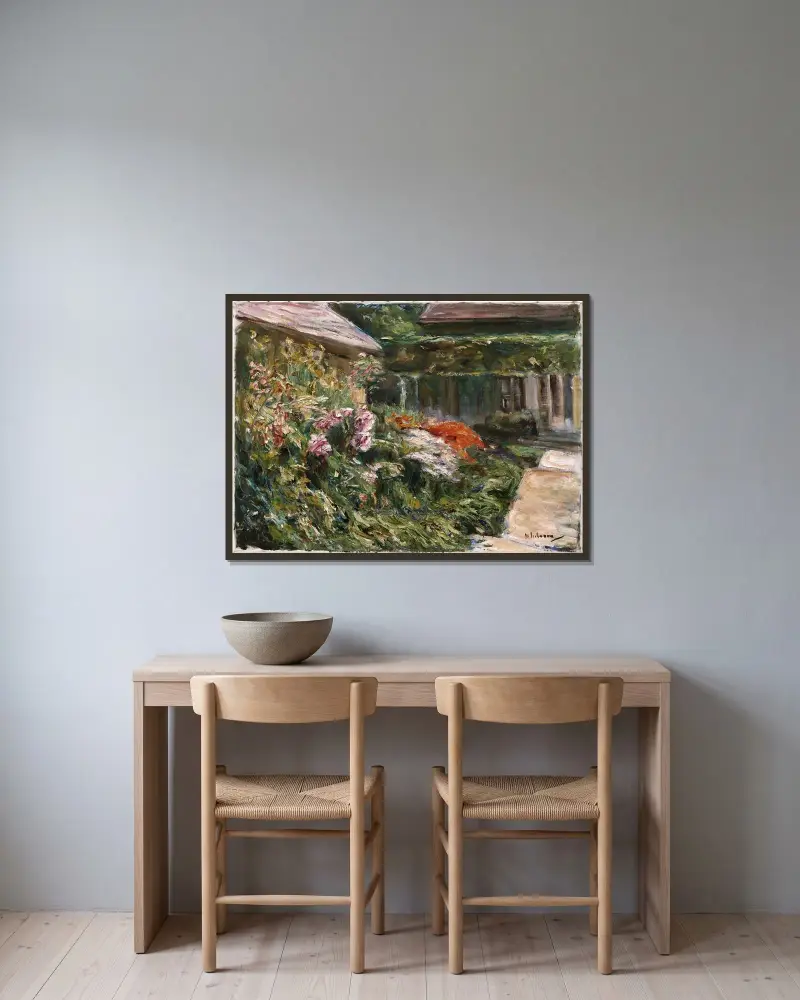Blommande buskar vid trädgårdsskjulen mot nordost av Max Liebermann inramad på en vägg