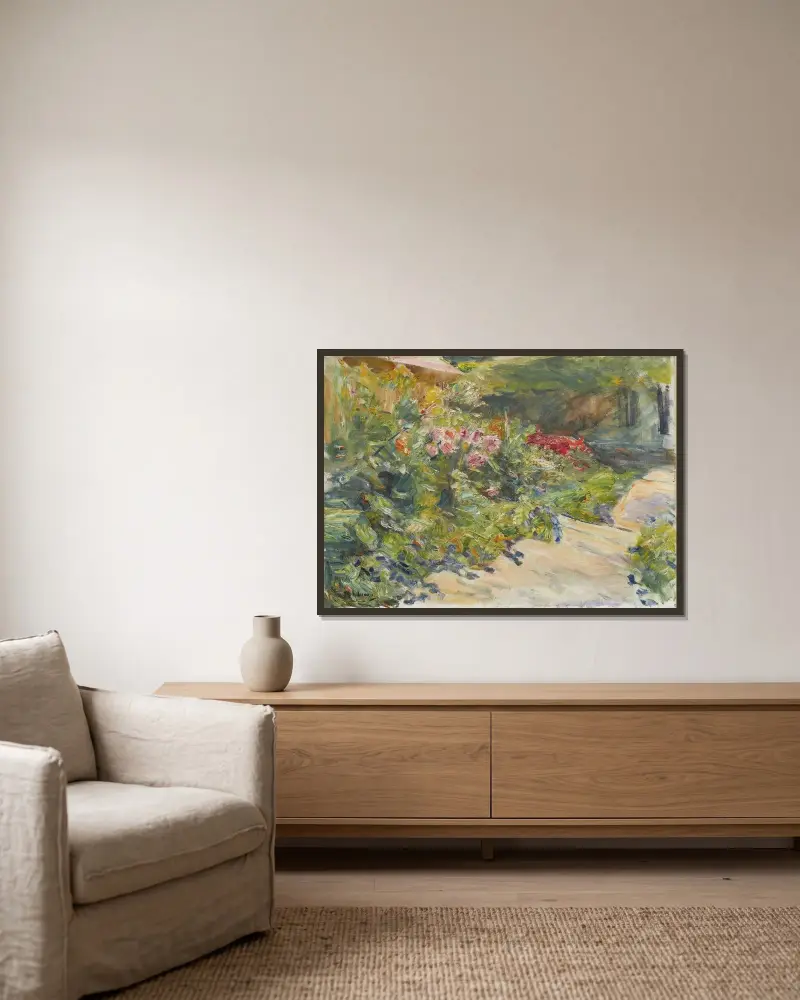 Blomsterträdgård vid trädgårdshuset mot öster av Max Liebermann inramad på en vägg