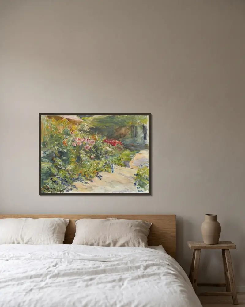 Blomsterträdgård vid trädgårdshuset mot öster av Max Liebermann inramad på en vägg