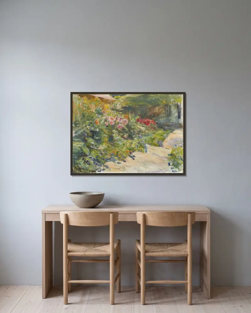 Blomsterträdgård vid trädgårdshuset mot öster av Max Liebermann inramad på en vägg