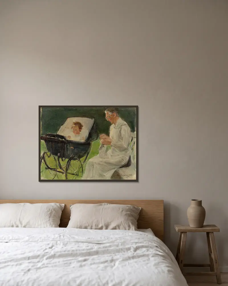 Konstnärens sondotter med sin barnflicka i Wannseeträdgården av Max Liebermann inramad på en vägg