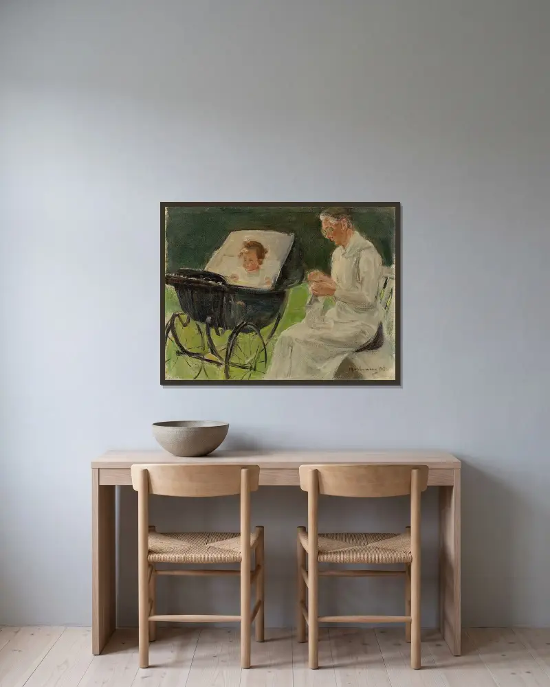 Konstnärens sondotter med sin barnflicka i Wannseeträdgården av Max Liebermann inramad på en vägg