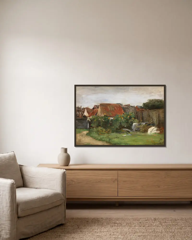 Dorfhäuser mit Sonnenblumen von Max Liebermann gerahmt an einer Wand