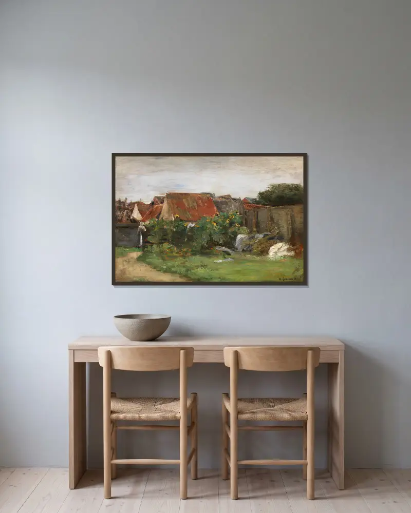 Dorfhäuser mit Sonnenblumen von Max Liebermann gerahmt an einer Wand