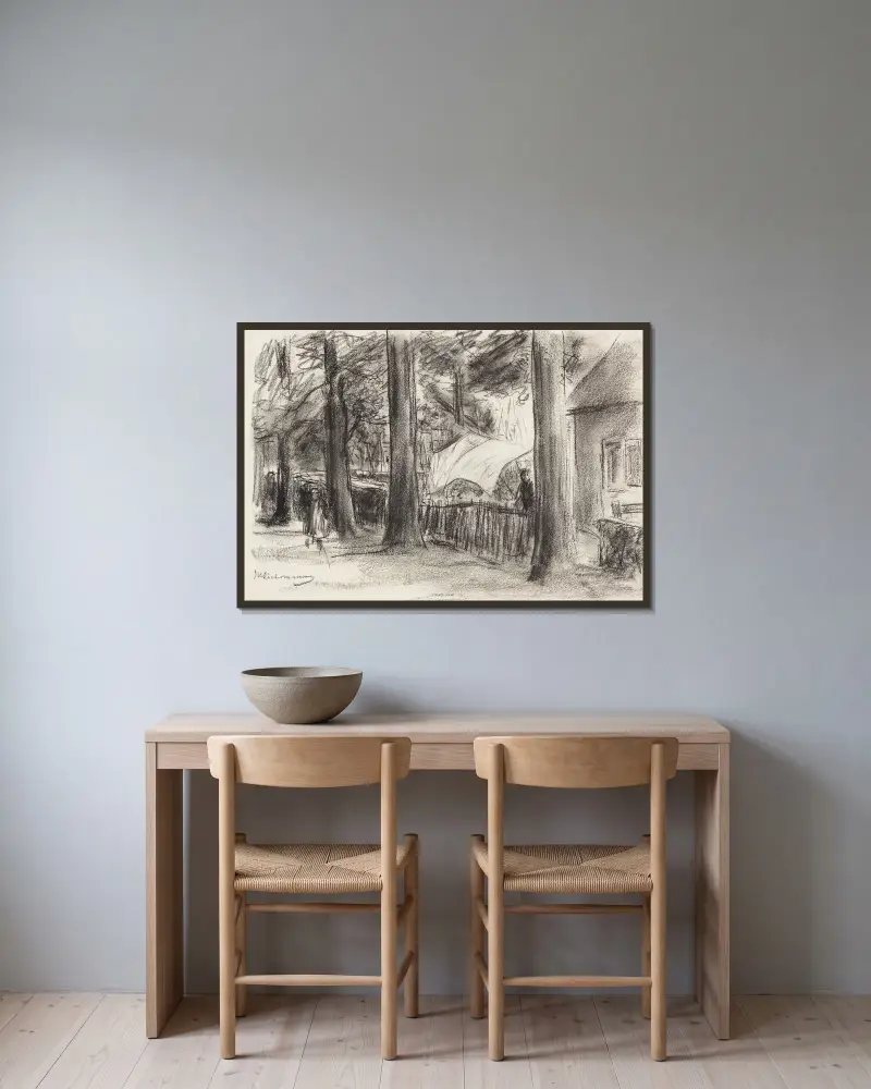Byväg med gamla träd av Max Liebermann inramad på en vägg