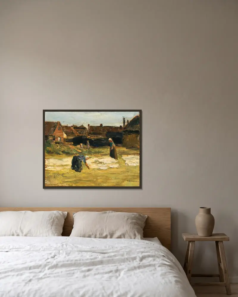 Dorfwinkel mit Bleiche von Max Liebermann gerahmt an einer Wand