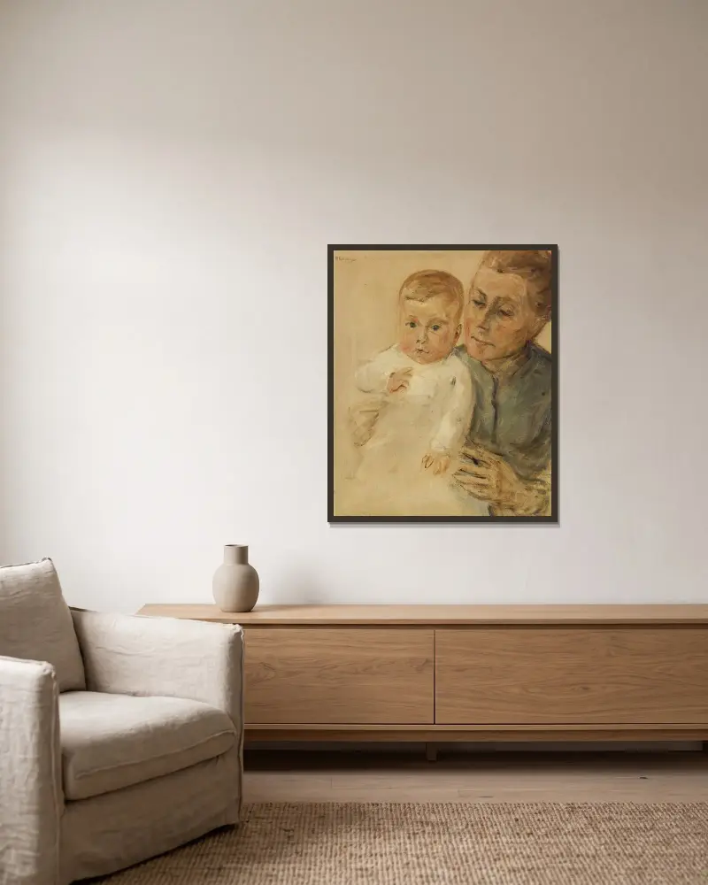 Liten Maria i barnflickans famn av Max Liebermann inramad på en vägg