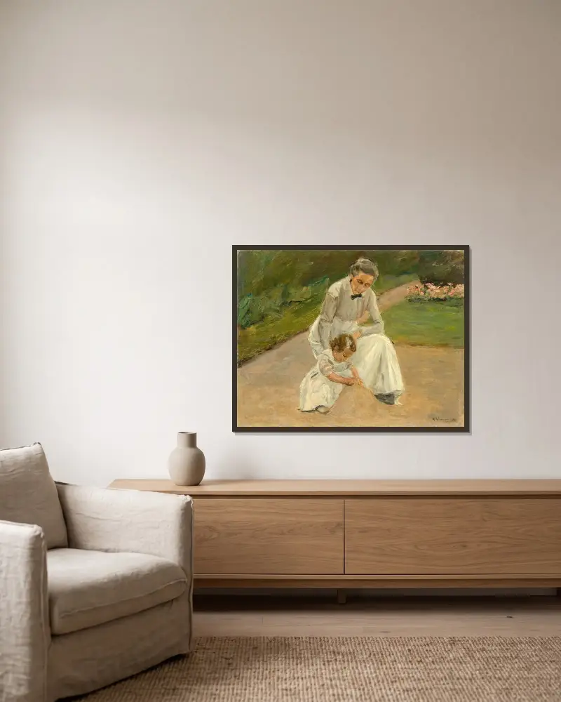 Flicka och barnflicka leker i trädgården av Max Liebermann inramad på en vägg