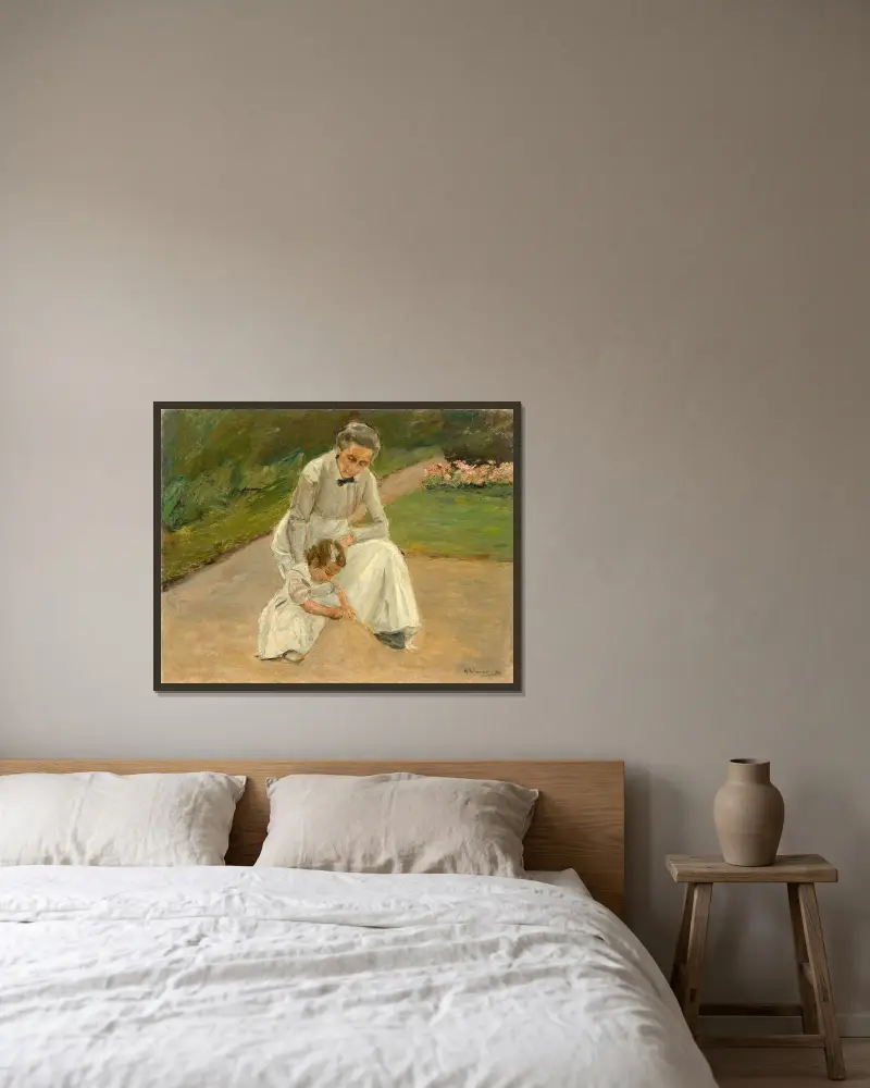 Flicka och barnflicka leker i trädgården av Max Liebermann inramad på en vägg