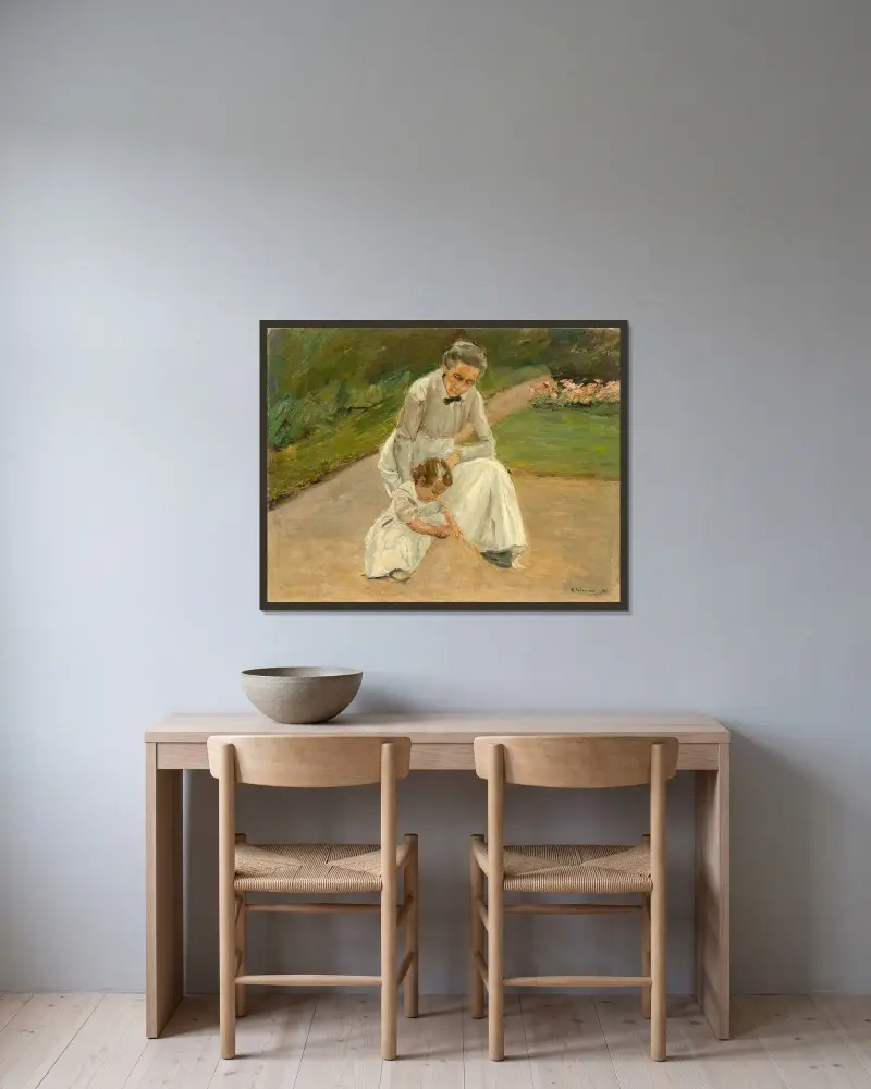 Flicka och barnflicka leker i trädgården av Max Liebermann inramad på en vägg