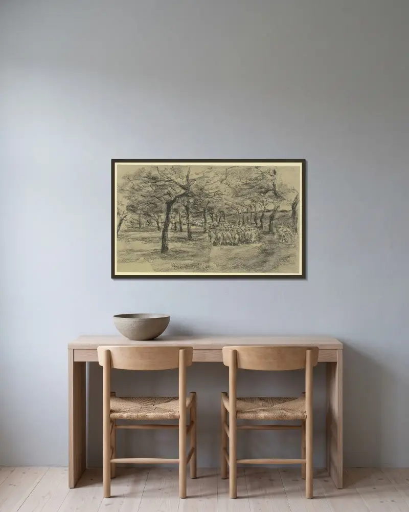Flock av får på en aveny av Max Liebermann inramad på en vägg