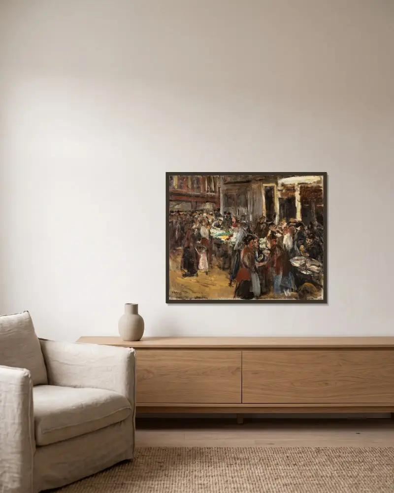 Grönsaksmarknad i Amsterdam av Max Liebermann inramad på en vägg